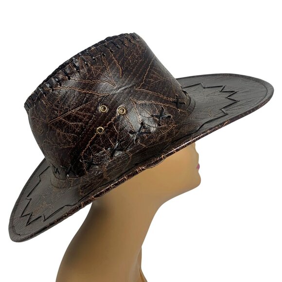 Embossed Leaf Pattern Cutout Design Western Cowboy Hat Dark Brown Vegan Leather - Picture 6 of 7